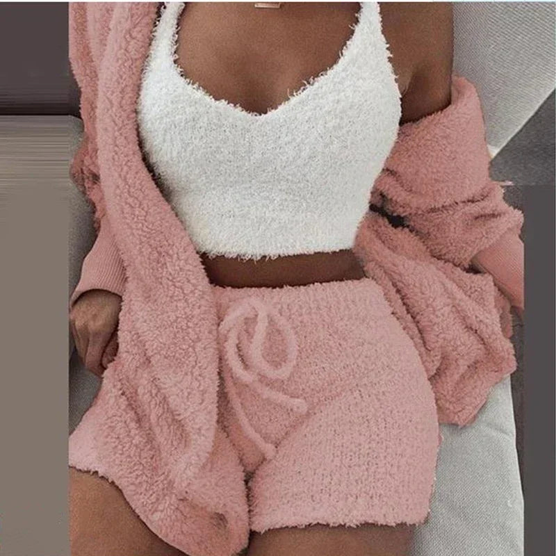 2024 New Winter Women Velvet Pajamas Set Sexy V Neck Crop Top+Shorts+Cardigans Coat 3 Pieces Suit Warm Thick Homewear Outfit 3XL